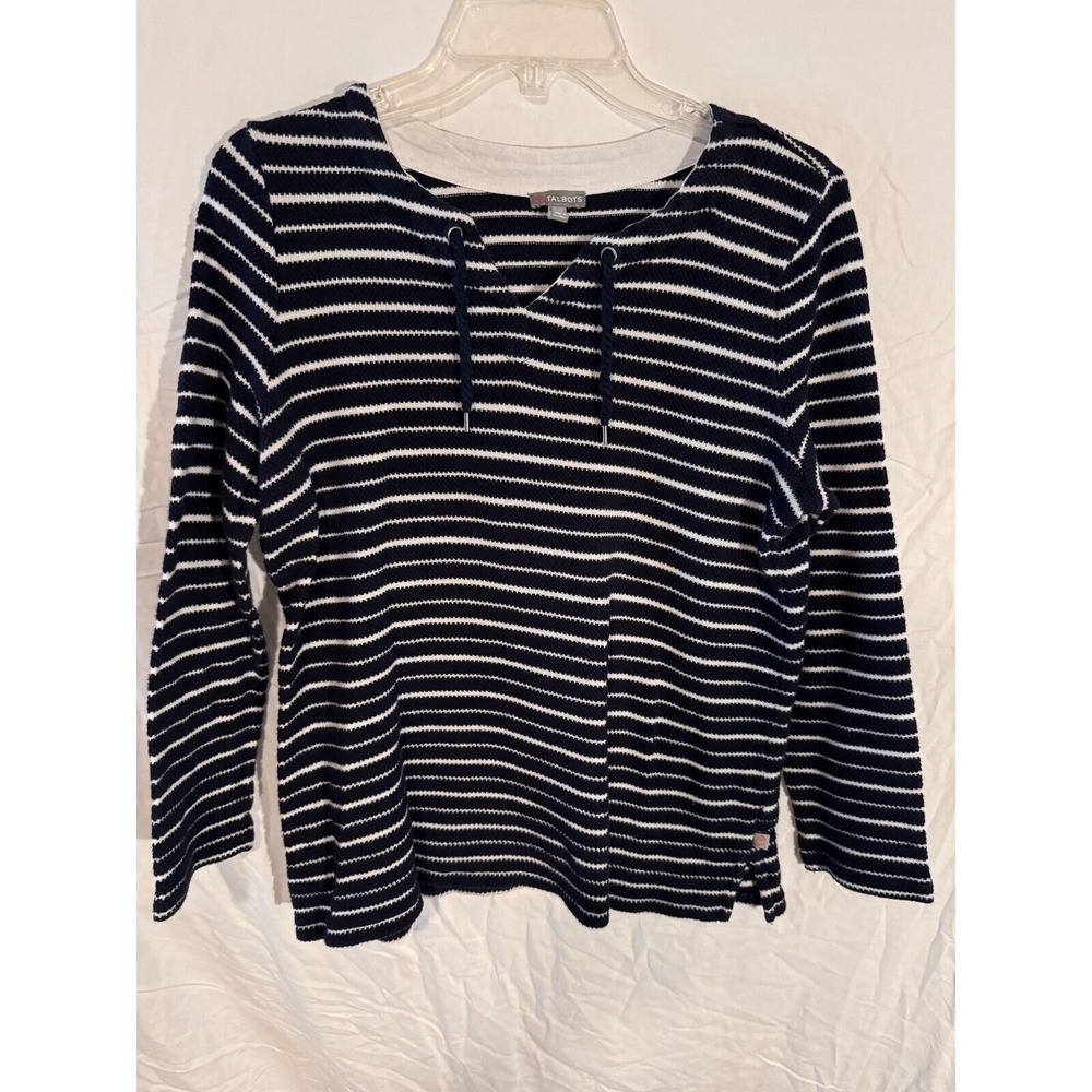Women's Pullover Sweater by Talbots Blue and White Stripe V-Neck Size LP
